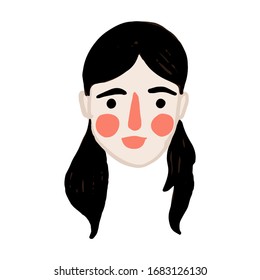 Hand drawn flat vector young woman head, Female cartoon portrait. European Woman face illustration. Element for t shirt print, card, posters social media avatar