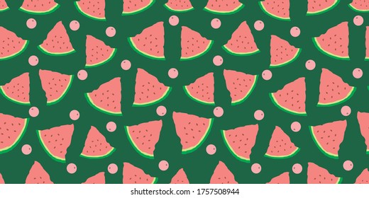 Hand drawn flat watermelon seamless summer pattern on green background for wallpaper, packaging and textile. Fruit contemporary endless fabric.