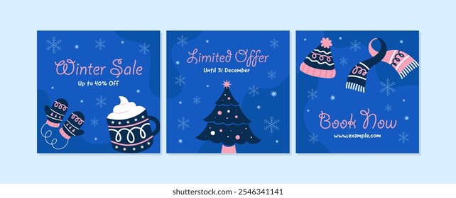 Hand drawn flat winter discount promotion sale illustration and social media posts template