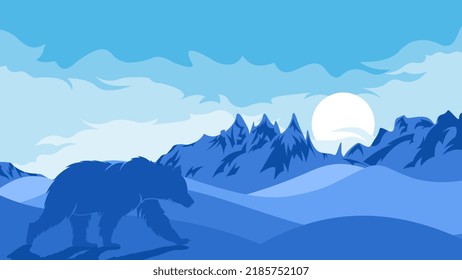 Hand drawn flat winter landscape illustration, iceberg and polar bear silhouette wallpaper