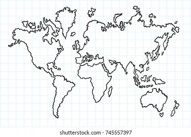 Hand drawn flat world map. Isolated and real pen sketch. Vector Illustration