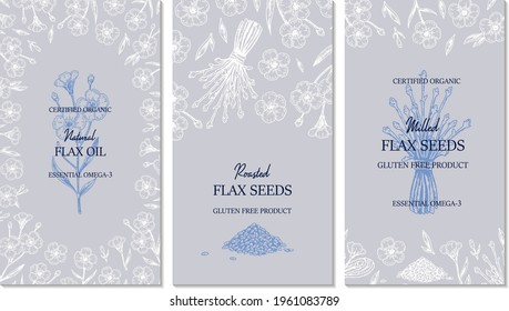 Hand drawn flax vertical design. Vector illustration in sketch style for linen seeds and oil packaging