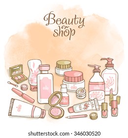 Hand drawn flayers template for make-up products. Doodle cosmetics background for corporate identity beauty shop. Printed materials for brochures, folder, flayers, banners.