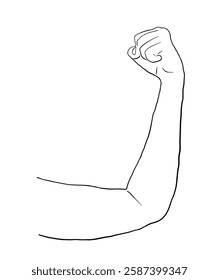 Hand drawn flexed arm with fist vector illustration. Female strong bend hand power gesture. Women's day 2025 sign. Showing strength and support.