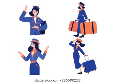 Hand Drawn Flight attendant with suitcase in flat style isolated on background