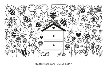 Dibujado a mano vuelo de abeja doodle conjunto con colmena, panales, miel de fusión líquida y flores de campo.