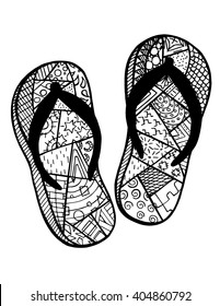 Hand drawn flip flops at the summer beach for coloring book