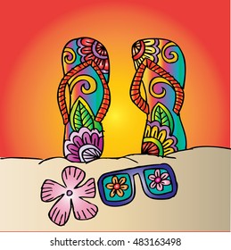 Hand drawn flip flops and sunglasses at the  beach 