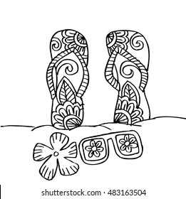 Hand drawn flip flops and sunglasses at the  beach 