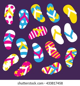 hand drawn flip flops. vector illustration of hand drawn ornate colorful flip flops set