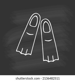 Hand drawn flippers, swim fins on chalkboard. White outline on black background. Cute element in doodle style for card, social media banner, sticker, decoration kids playroom. Vector illustration.