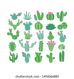 Hand drawn fllat vector illustration of cacti without pots , home plants, succulents