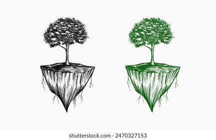 Isla flotante dibujada a mano con ilustración de árboles