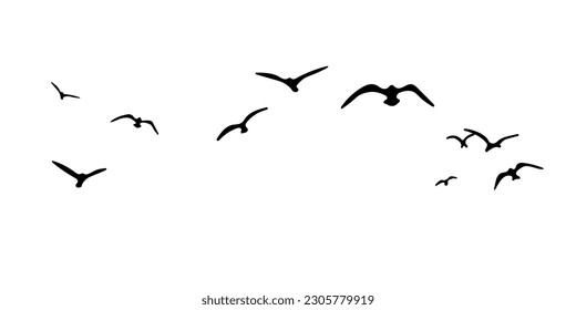 A Hand Drawn Flock of Flying Birds. Monochrome Bird Silhouettes. Design for an invitation, greeting, comicbook, illustration, card, postcard. Illustration isolated on a white background. Vector