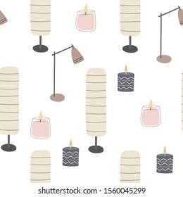 Hand drawn floor lamps and candles seamless pattern. Elements of home interior. Isolated vector wallpaper. Indoor design. Flat illustration.