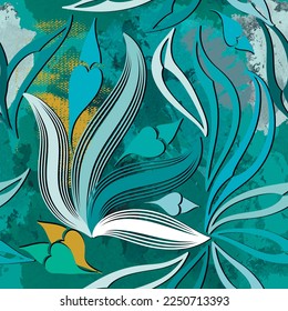 Hand drawn floral 3d seamless pattern. Drawing flowers. Watercolor dirty colorful backgrpund. Repeat flowery grunge vector backdrop.  Exotic abstract flowers ornament in turquoise blue green colors.
