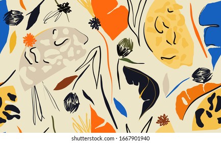 Hand drawn floral abstract pattern with leopard skin. Creative collage contemporary seamless pattern. Natural colors. Fashionable template for design.