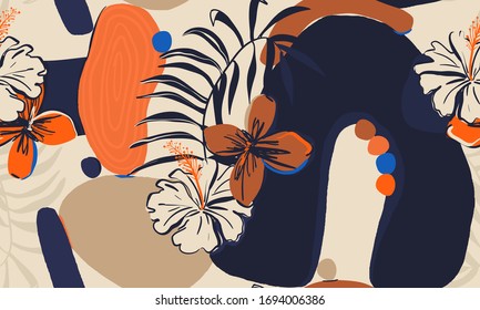 Hand drawn floral abstract pattern. Creative collage contemporary seamless pattern. Natural colors. Fashionable template for design.