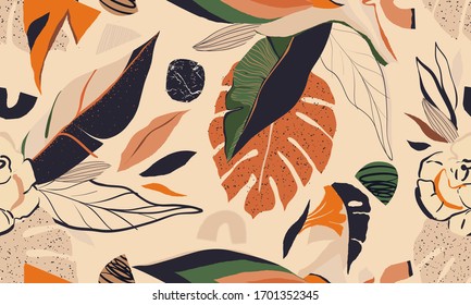 Hand drawn floral abstract pattern. Creative collage contemporary seamless pattern. Natural colors. Fashionable template for design.