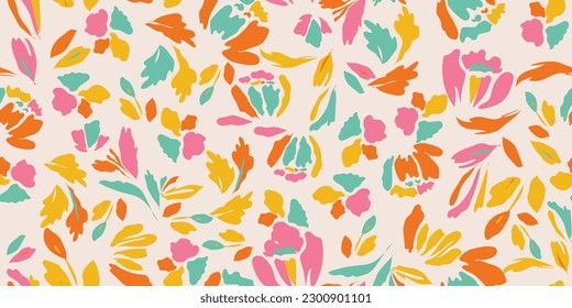 Hand drawn floral abstract seamless pattern. Naive botanical simple graphic. Creative collage pattern. Fashionable template for design. 