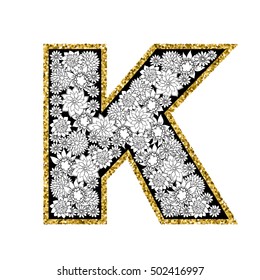 Hand drawn floral alphabet design. Gold glittering contour. Letter K. Vector EPS8 illustration.