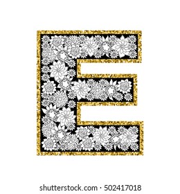 Hand drawn floral alphabet design. Gold glittering contour. Letter E. Vector EPS8 illustration.