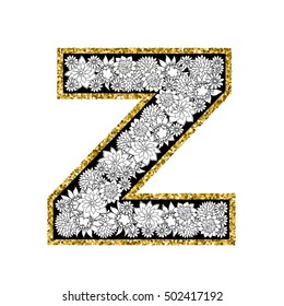 Hand drawn floral alphabet design. Gold glittering contour. Letter Z. Vector EPS8 illustration.