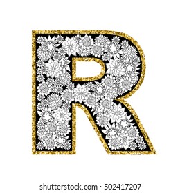 Hand drawn floral alphabet design. Gold glittering contour. Letter R. Vector EPS8 illustration.