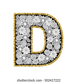 Hand drawn floral alphabet design. Gold glittering contour. Letter D. Vector EPS8 illustration.