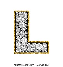 Hand drawn floral alphabet design. Gold glittering contour. Letter L. Vector EPS8 illustration.