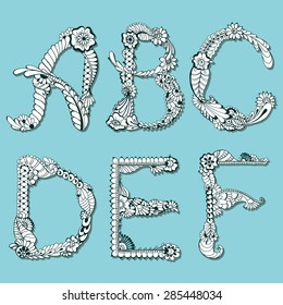 Hand drawn floral alphabet with mehndi elements. Vector illustration. Letters A, B, C, D, E, F