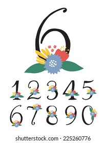 Hand drawn floral alphabet, numbers set.