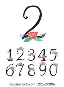 Hand drawn floral alphabet, numbers set.
