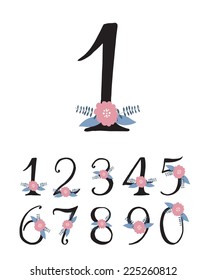 Hand drawn floral alphabet, numbers set.