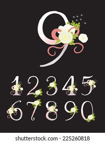 Hand drawn floral alphabet, numbers set.