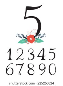 Hand drawn floral alphabet, numbers set.
