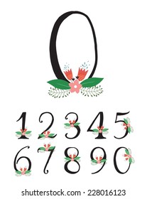 Hand drawn floral alphabet, numbers set. 