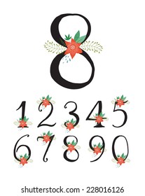 Hand drawn floral alphabet, numbers set. 