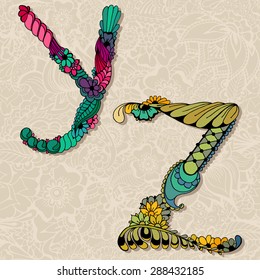 Hand drawn floral alphabet. Vector illustration. Fairy tale letters Y and Z.