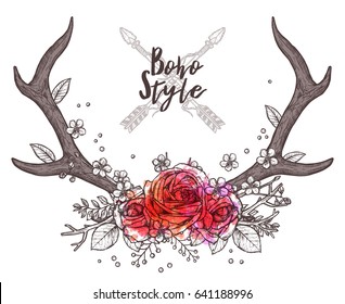 Hand Drawn Floral Antler. Sketch Illustration With Deer Horns And Flowers In Boho, Hipster And Rustic Style