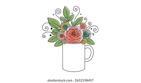 Arranjo floral desenhado à mão em uma xícara de café delicada arte da ilustração botânica