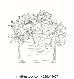 Hand drawn floral arrangement with hydrangea, peony in wood box