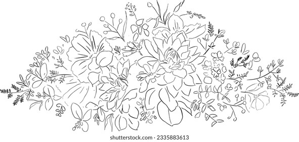 Hand drawn floral arrangement line drawing illustration