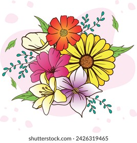 Hand drawn floral arrangement vector, assorted flowers and colorful branches