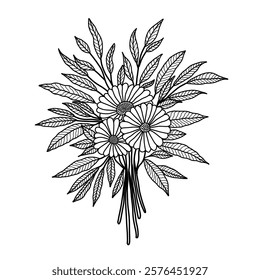 A Hand Drawn Floral Arrangements Outline Flowers and Leaves Bouquet