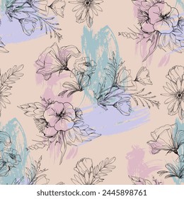 Fondo floral dibujado a mano. Patrón botánico sin costuras. Dibujo de bocetos. Diseño para moda , tela, textil, Fondo de pantalla, portada, Web , envoltura y todos los estampados