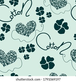 Hand drawn floral background with cotton plants and hearts. Seamless vector pattern.