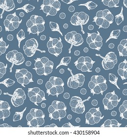 Hand Drawn Floral Background With Cotton Plants. Seamless Vector Pattern.