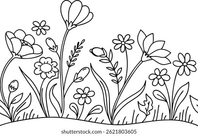 Hand Drawn Floral Background With Flowers And Leaves In Doodle Style Vector Illustration