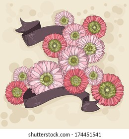 Hand drawn floral background with ribbons